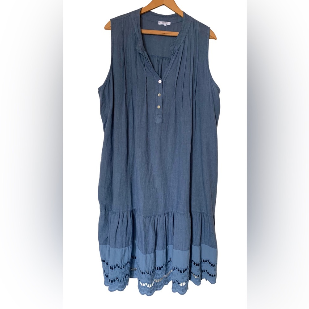 Rosemarine linen dress 1X blue sleeveless buttoned ruffle summer